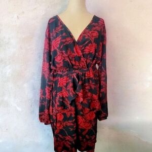 Red Floral Wrap Dress, Faux Wrap Midi Dress Cocktail Dress Business Professional